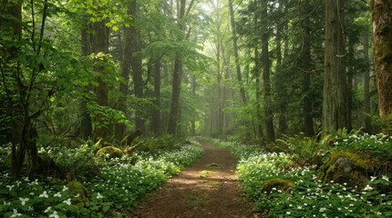 Fototapeta premium Forest trail lined with white wildflowers in morning sunlight