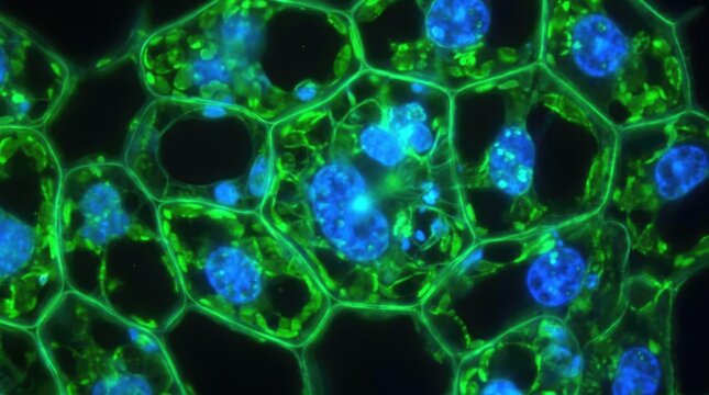 Fluorescent plant cells with green walls and blue nuclei