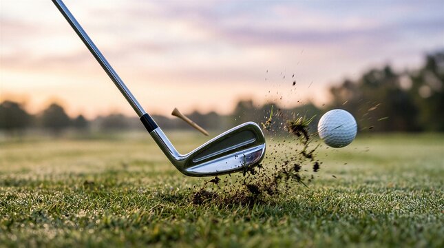 Professional golfer swings a club to strike a ball on a lush green fairway during a peaceful sunset.