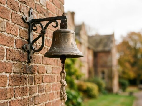 Vintage brass bell hanging on rustic brick wall of historic building in serene garden setting