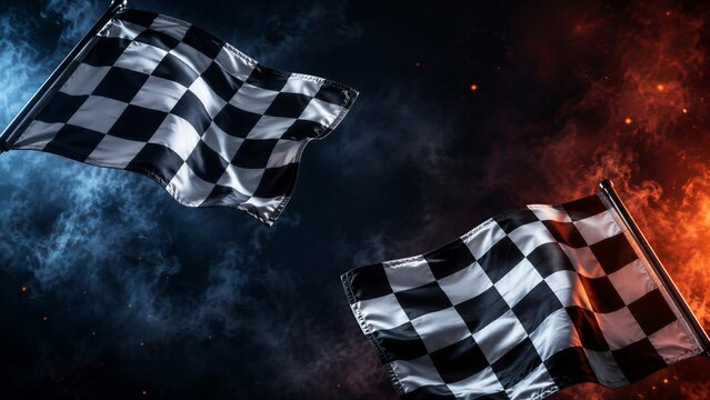 Two black and white checkered flags flutter dramatically against a backdrop of swirling blue smoke and intense orange flames.