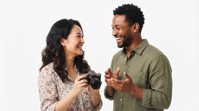 A man and a woman smiling at each other, the woman holds a camera
