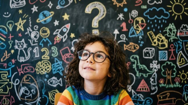 Curious child in colorful classroom with chalkboard doodles and question mark symbolizing imagination and learning