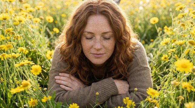 Freckled redhead woman relaxing in yellow daisy field at sunset