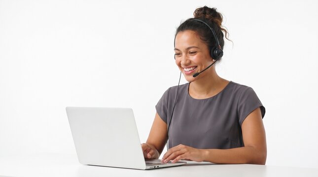 A woman with her hair in a bun is smiling while wearing a headset and typing on a laptop