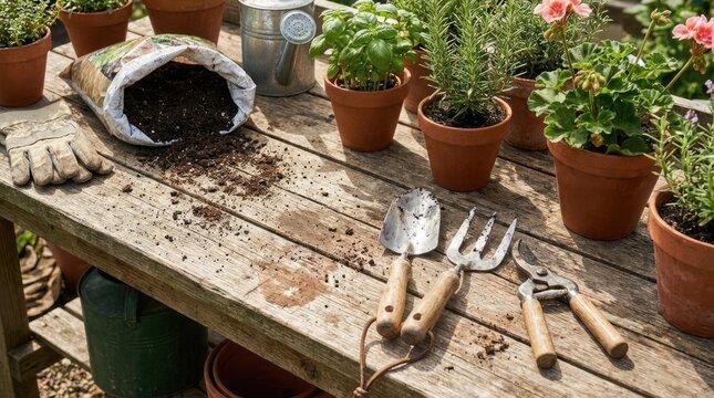 Gardening tools and potted plants on wooden potting bench