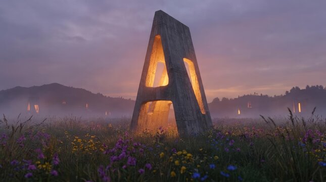 Glowing concrete monolith letter in misty wildflower field at dusk
