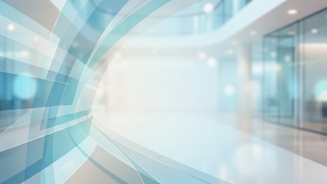Abstract Light Blue Corporate Technology Background with Modern Curved Lines and Blurred Office Interior