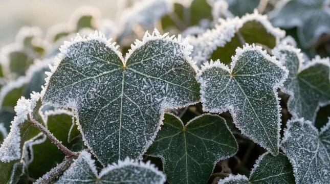 Green ivy leaves covered in thick white winter frost
