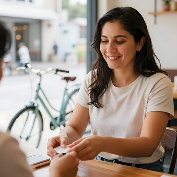 Contactless payment and modern transaction, woman using credit card reader in a cafe for secure shopping
