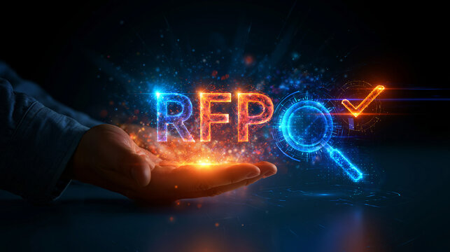 bright glowing digital rfp text with magnifying glass icon and check mark on clean modern interface minimal futuristic design bright digital rfp request for proposal magnifying glass