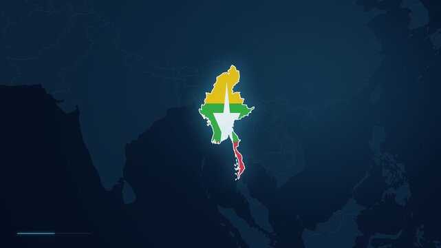 Myanmar Map Graphic Highlighting The City Of Taunggyi, Capital Of Shan State, Marked With A Pin On A Flag Overlay. - zoom in