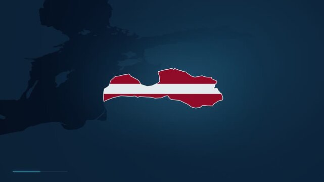 Outline Map Of Latvia Filled With Its National Flag Colors, Alongside A Digital Interface Overlay Pointing To Riga, The Country's Capital.