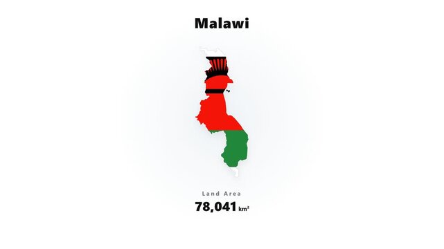 Infographic-style Outline Map Of The Republic Of Malawi Filled With The Colors And Symbol Of Its National Flag With Total Land Area.