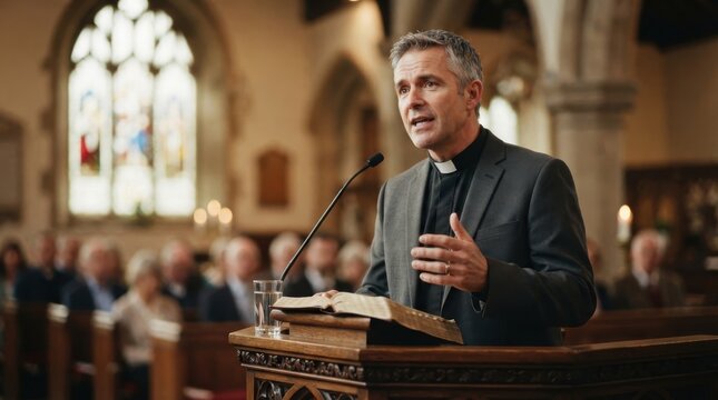 Priest giving a sermon from the pulpit in a church