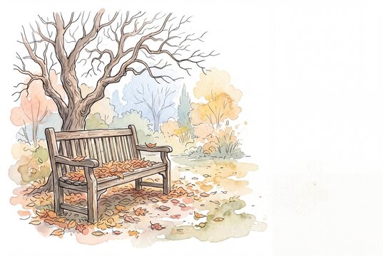 a garden bench covered with fallen leaves under a bare tree scene
