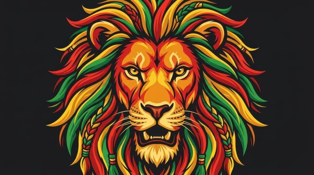 Lion head vector illustration with reggae rasta colors mane