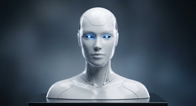 White humanoid AI robot head with glowing blue eyes