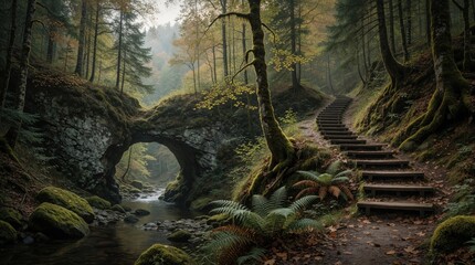 Naklejka premium Mystic forest landscape with ancient stone arch over small creek. Wooden stairs lead through mossy woods, dense ferns. Natural rocky bridge connects green hills in foggy valley. Peaceful wild nature