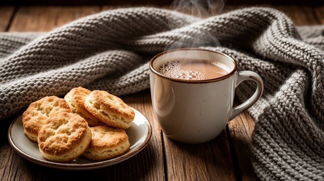 Hot cocoa in ceramic mug with rising steam on wooden table. Small plate with tasty biscuits next to grey knitted blanket. Cozy autumn mood with warm drink, cookies for relaxing afternoon tea winter