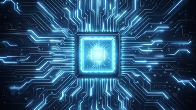 Futuristic Microchip on Blue Circuit Board Technology Background