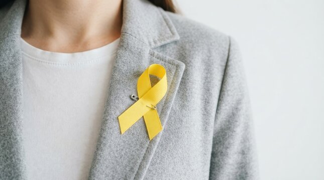 Person wearing a yellow ribbon pin on a grey jacket