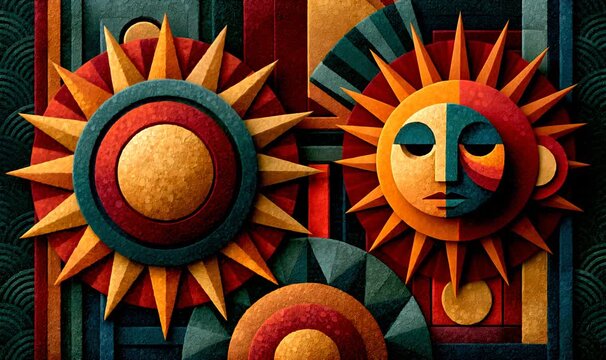 Stylized sun faces and circular forms creating a vibrant, abstract, and textured composition with warm and cool colors