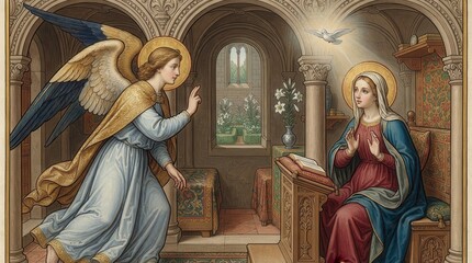 Naklejka premium Annunciation scene with archangel Gabriel and Virgin Mary in medieval interior