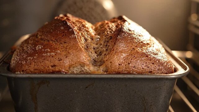 A fresh loaf of sourdough bread bakes inside a hot kitchen oven with golden light highlighting the crispy brown crust texture.