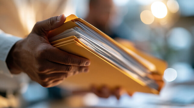 hand holding bright yellow document folder filled with papers against a softly blurred bright office background hands only in frame bright document folder paperwork business office