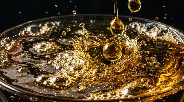 Golden liquid splashing and creating droplets in a bowl