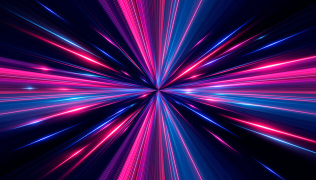 Futuristic cyberpunk backdrop with pink, magenta and blue neon lines exploding from the center. High speed motion blur effect or hyper drive warp tunnel on a dark background.