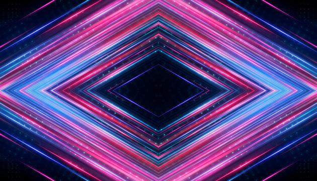 Cyberpunk geometric backdrop with pink, magenta and blue neon lines forming an X shape. Symmetrical tech pattern with glowing light streaks and digital dots on a dark background.