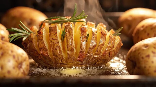 A hot roasted accordion potato with sprigs of rosemary sits on a dark baking sheet in a cozy professional restaurant kitchen.
