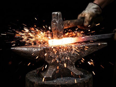 Blacksmith striking glowing hot metal with a hammer on an anvil, creating a shower of sparks in a dark workshop
