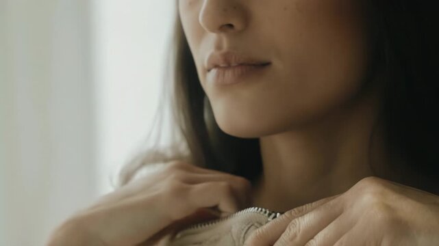 Woman zipping up a beige jacket in close-up detail