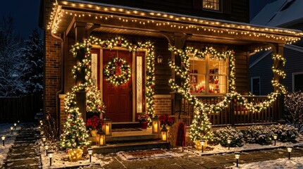 Fototapeta premium House porch decorated with Christmas lights and festive ornaments at night