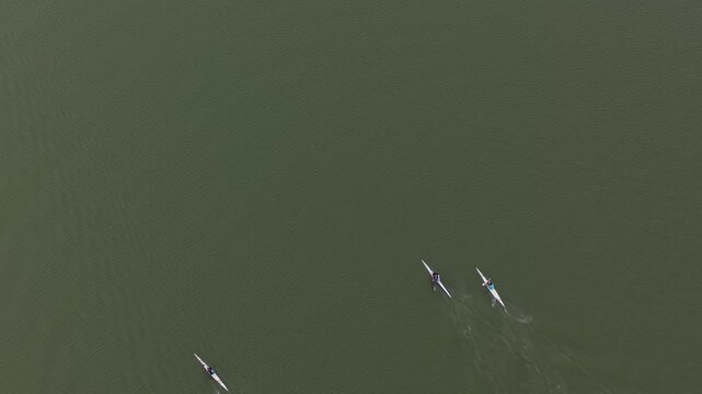 Kayaks paddling across the broad dark brown Parana River leaving narrow wakes behind, aerial top-down overhead static