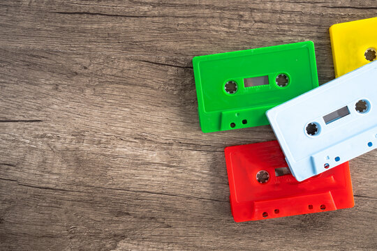 Retro music cassettes. Realistic old school audio recording technology.