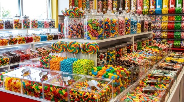 Colorful candy store interior with shelves and glass jars filled with sweets