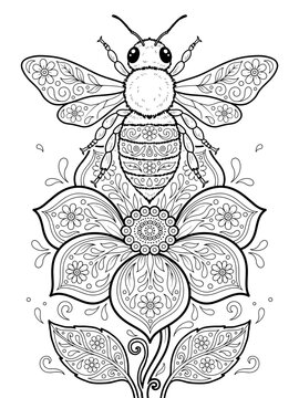 Ornamental honeybee on a blooming flower adult coloring page with floral pattern line art vector illustration