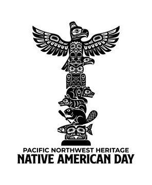 Black and white totem pole illustration for native american day celebration featuring pacific northwest heritage art Vector