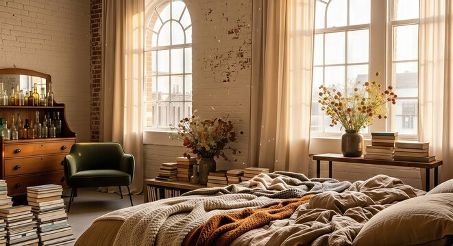 Loft bedroom with exposed brick wall, large windows, and a bed.