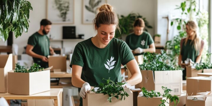 Engaged Team of Eco-Conscious Individuals Packing Sustainable Plants in a Lively Workshop Setting