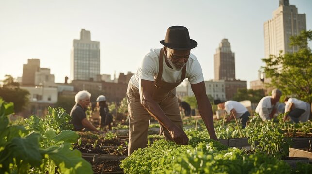 Urban Gardening: Community Engaging in Sustainable Agriculture with Cityscape Background