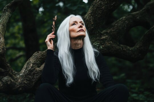 Ethereal Woman with Long White Hair Pondering in a Mysterious Forest Setting