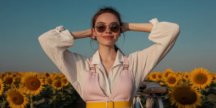 Joyful Woman in Sunglasses Enjoying a Sunflower Field during a Bright Summer Day