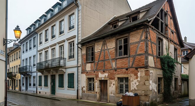 Old abandoned house next to renovated building on a city street illustrating urban gentrification