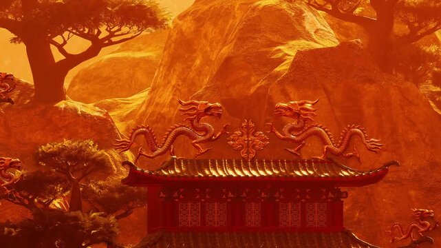 A roof of a temple is visible with dragon carvings on top. The background shows large rocks and trees in warm colors. This scene suggests a location that is rich in culture and history.