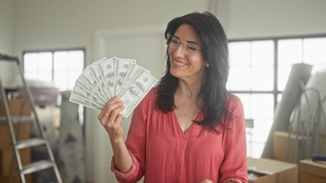 Woman holding a fanned stack of cash and a house key inside a building with moving boxes and a ladder; joy celebration.